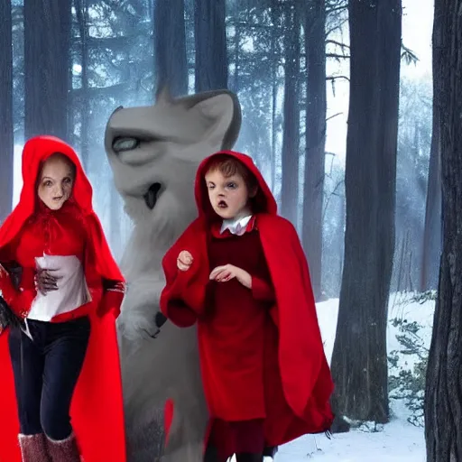 Image similar to little red riding hood and the big bad wolf team up for a heist