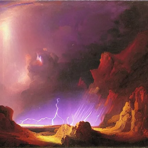 Prompt: a large purple cliff surrounded by purple lightning with an army in the foreground by john martin oil on canvas