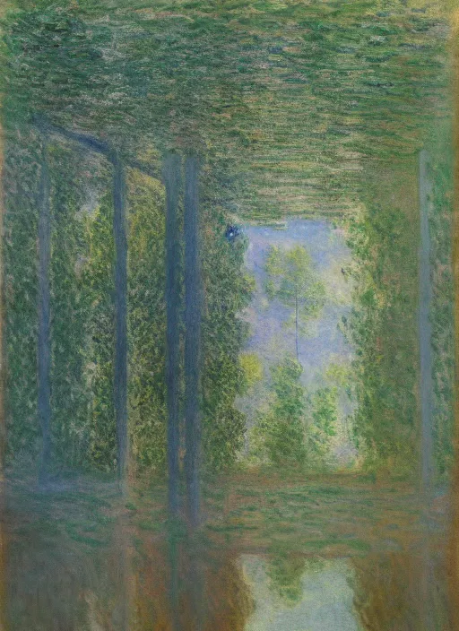 Image similar to trees growing from the ceiling of a dilapidated decaying building casting a reflection in water in the ground by claude monet