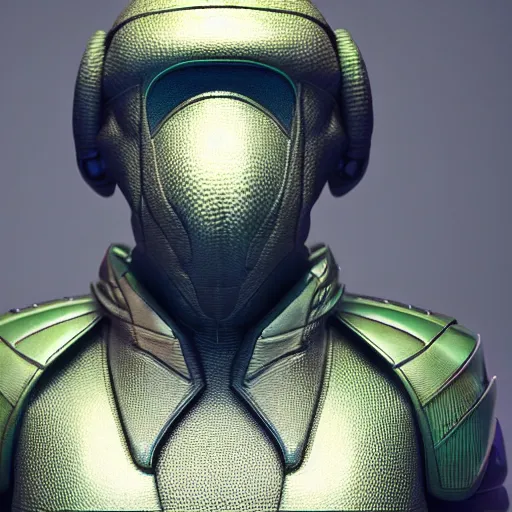 Prompt: An aristocratic alien diplomat, similar to a reptile, wearing fine futuristic robes and a head-mounted sensor suite, 3D rendering, trending on artstation, 4k, very detailed, photorealistic