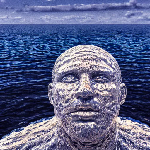 Image similar to a giant sculpture made out of water of a human head on the ocean water, cinematic, in the style of chad knight, long shot, hyper detailed, hyper realistic, ray tracing, 8 k resolution, sharp focus, realistic water, award winning