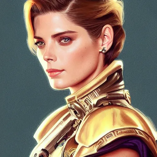 Image similar to Ashley Greene's and Grace Kelly's faces combined as a Space Marine, western, D&D, fantasy, intricate, elegant, highly detailed, digital painting, artstation, concept art, matte, sharp focus, illustration, art by Artgerm and Greg Rutkowski and Alphonse Mucha