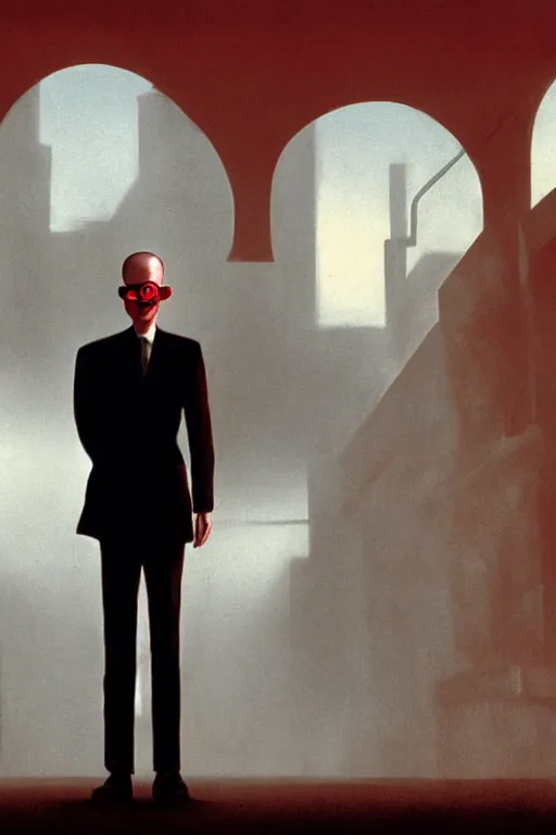 Prompt: orientalist portrait of a slender man with short hair and rounded sunglasses, smiles in despair, atmospheric and obscure, standing on a parking lot, surrounded by mist and red street lights, by roger deakins, cinematography, syd mead, phil hale, 5 0 mm