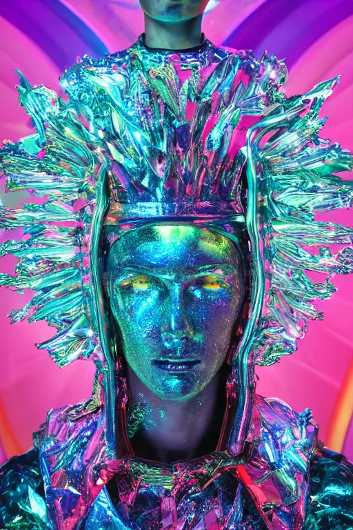 Image similar to hyper detailed ultra sharp photoshoot of baroque and bladerunner crystalline sapphire sculpture of seductive adrien sahores neon tigers iridescent humanoid deity wearing metallic hoody made out of banana leaves holding the sun prismatic dungeon, glowing rainbow face, crown of white diamonds, cinematic lighting, photorealistic, octane render 8 k depth of field 3 d