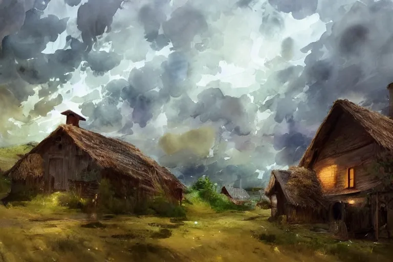 Prompt: paint brush strokes, abstract watercolor painting of rustic village house, lantern, medieval straw roof, scandinavian viking age, ambient lighting, art by hans dahl, by jesper ejsing, art by anders zorn, wonderful masterpiece by greg rutkowski, cinematic light, american romanticism by greg manchess, impressionism by tyler edlin