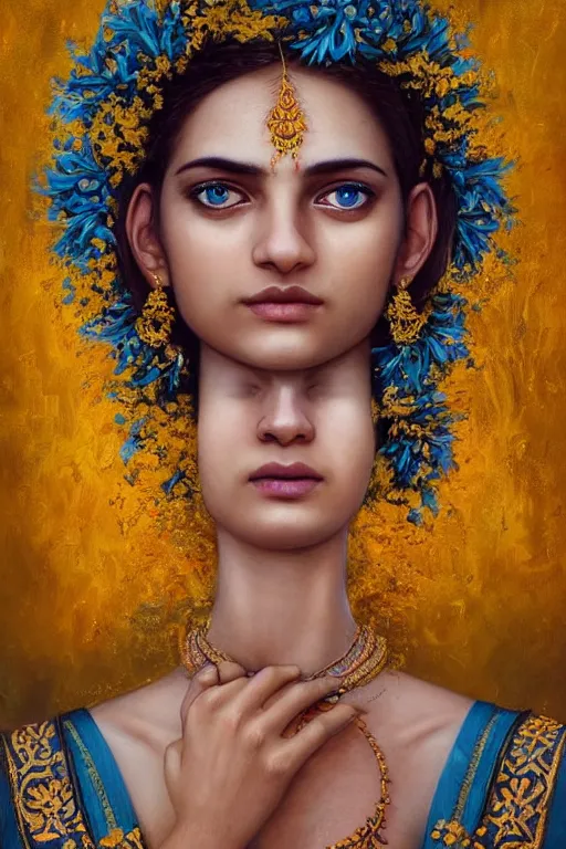 Prompt: a pale Indian girl with golden hair, floral crown, sad blue eyes, cinematic lighting, ultra detailed, highly detailed, sharp focus, golden background with flowers, golden jewellery with blue sapphires, photographic, art by artgerm and greg rutkowski and zdislav beksinski