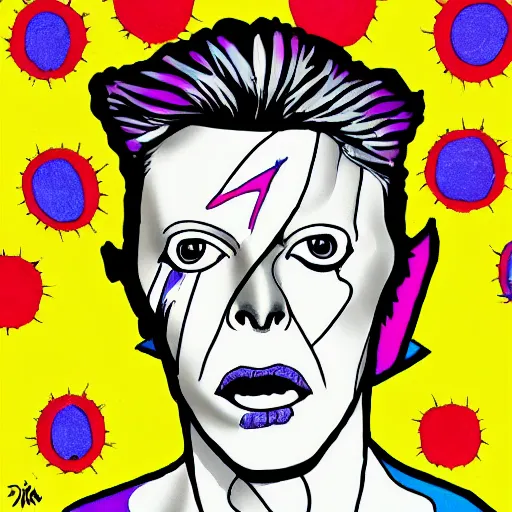 Prompt: david bowie in the style of daniel johnston and outsider art, acid, 4k