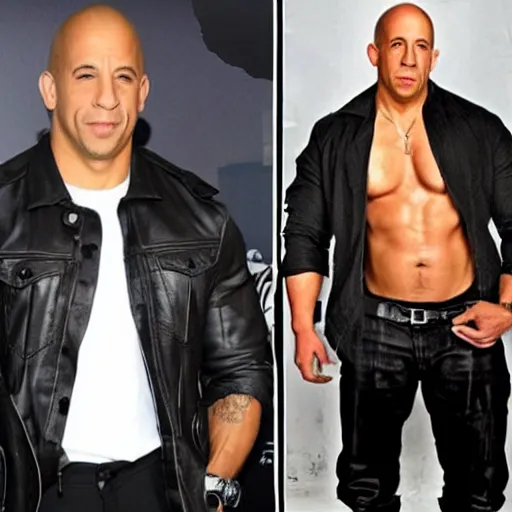 Image similar to Vin Diesel with stainted clothes and a big tummy, grease staints, uncropped, mustache, beard, long hair, greasy hair, Vin Diesel black staints on clothes, greasy staints, Vin Diesel big tummy, tummy, Vin Diesel with a tummy