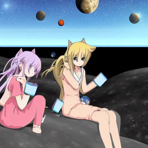 Image similar to Two Anime Catgirls on the Moon watching Earth's destruction, cinematic