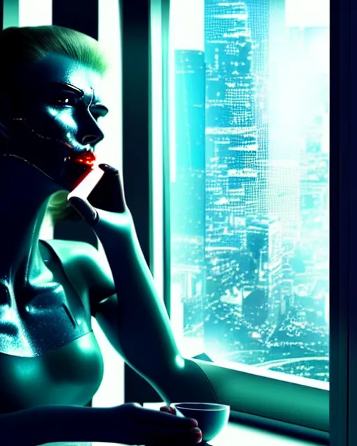 Prompt: a terminator cyborg lady with borg implants and a gorgeous human face is drinking coffee near a window with dystopian city visible outside. tiny green led lights in her cybernetics. very detailed 8 k. horror cyberpunk style.