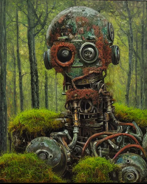 Prompt: detailed oil painting of a decayed, rusty, robot, covered in moss, in a forest, painted by Greg Rukowtski, sunlight