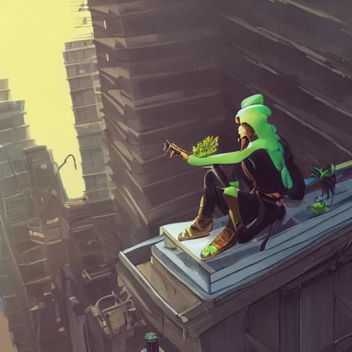 Image similar to a lunarpunk ninja on the roof of the building watching the lunarpunk city, overhead view, digital art, trending on artstation, behance, deviantart,