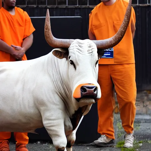 Prompt: bull disguised with orange inmate clothes