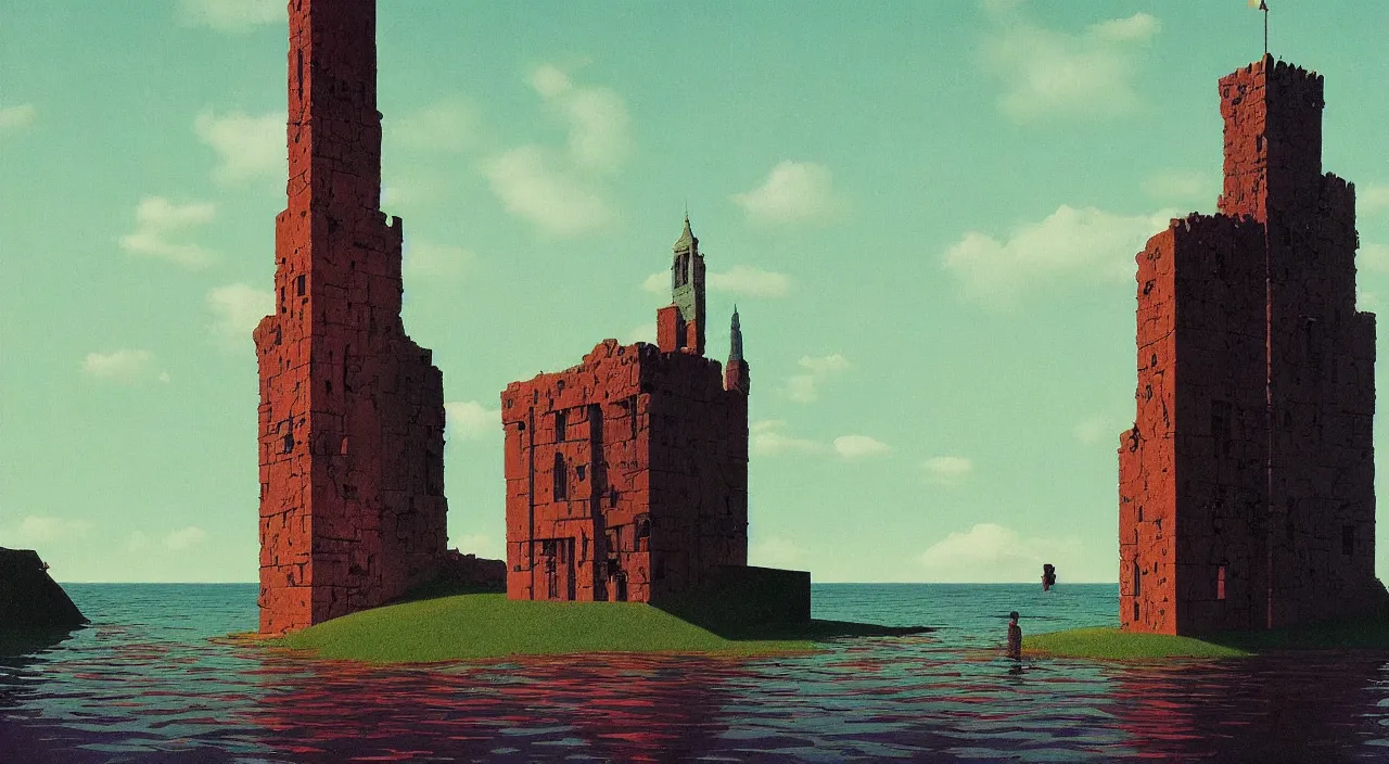 Prompt: single flooded simple ancient tower, very coherent and colorful high contrast!! masterpiece by rene magritte simon stalenhag carl spitzweg syd mead norman rockwell edward hopper james gilleard, minimalist, dark shadows, sunny day, hard lighting