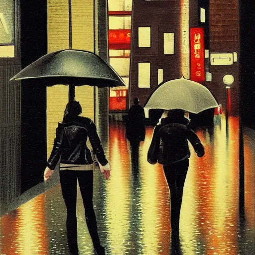 Image similar to girl in leather jacket walking down rainy city street at night, Kiyohiko Azuma
