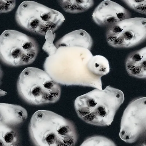 Prompt: a baby harp seal lying on a throne of skulls, dark and ominous, backlight, 4k