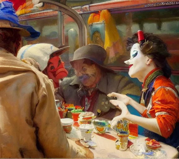 Image similar to a clown selling goodies on the train, highly detailed painting by gaston bussiere, craig mullins, j. c. leyendecker 8 k