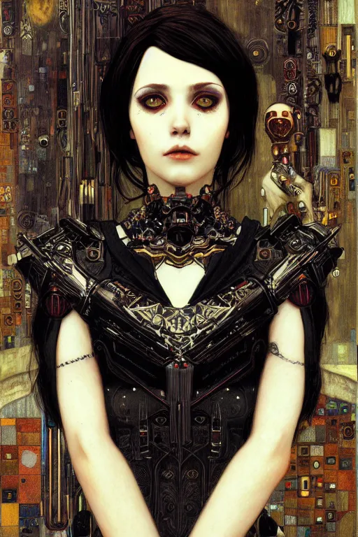 Image similar to portrait of beautiful young gothic maiden, cyberpunk, Warhammer, highly detailed, artstation, illustration, art by Gustav Klimt and Ilya Kuvshinov