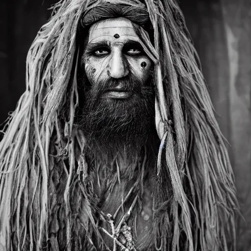 Prompt: 3 5 mm film portrait of strange aghori sadhu covered in ash creature, hyperrealism, photorealistic, detailed, atmospheric, 8 k, award winning photography, cinematic