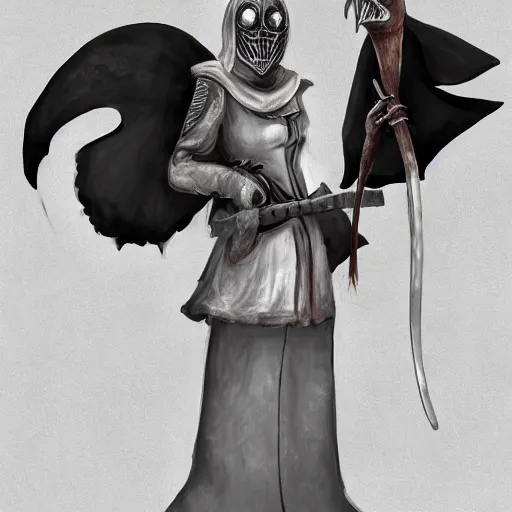 Image similar to female plague doctor donning a black hood, steel knightly armor and a white crow mask, trending on artstation