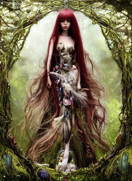 Prompt: a beautiful hyperrealistic ultradetailed 3D, one girl, long hair, long bangs, in a magnificent McQueen couture clothes, doll faces decoration on a dress, Berries decoration on the dress, mushrooms decoration on the dress,on the background of a futuristic forest, Designer clothes, futuristic clothes, clothes from the future, biopunk, voge photo, fashion style, fullbody, in full growth, intricate, elegant, highly detailed, artstation, concept art, smooth, sharp focus, illustration, art by greg rutkowski and orientalism and bouguereau and Zdzislaw Beksinski, good clear quality, lighting, biology