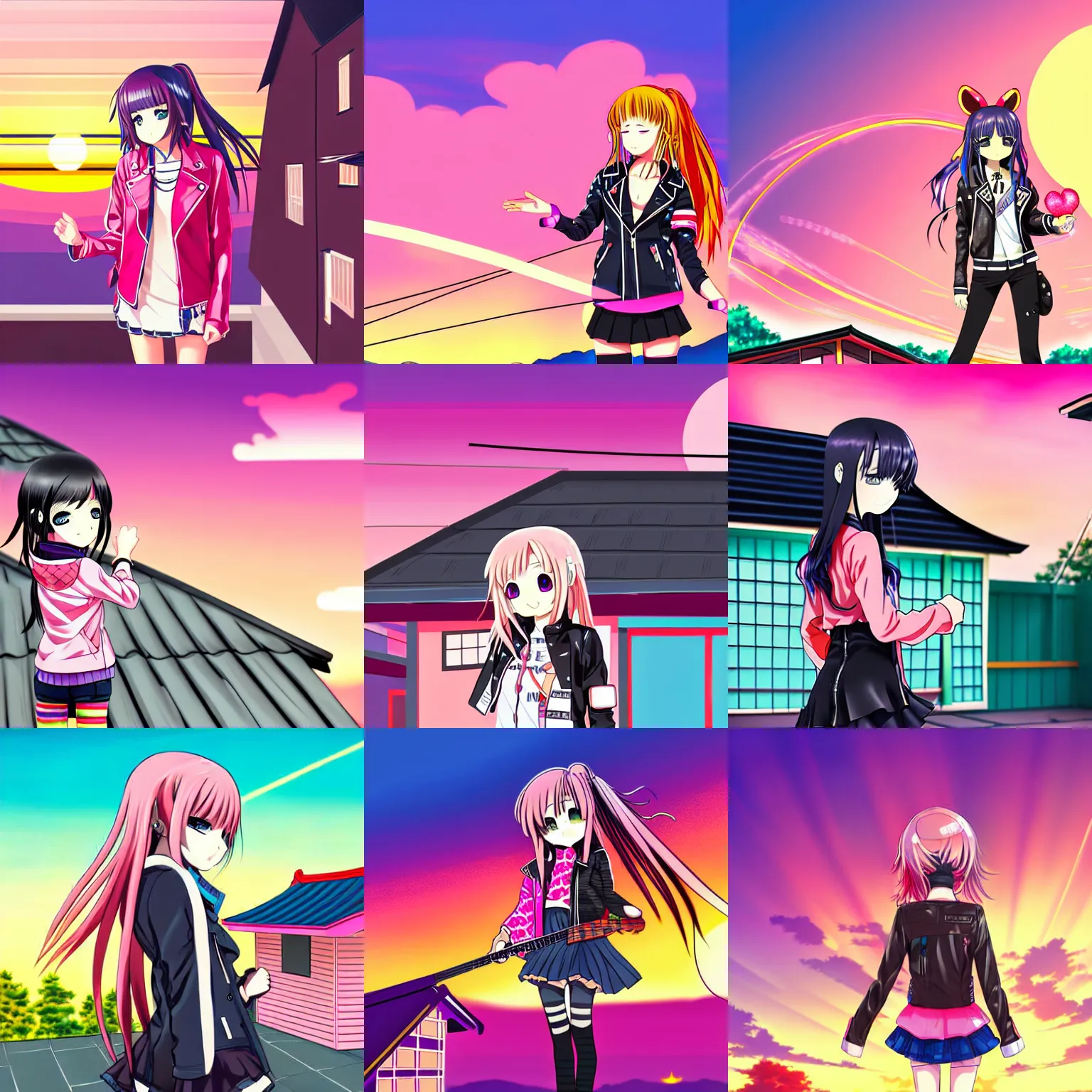 Prompt: anime girl dressed in a leather jacket with multi - colored badges stands on the roof of a japanese house with a pink bass guitar in her hands against the backdrop of a sunset in magical rays and many beautiful houses, rear view, comic