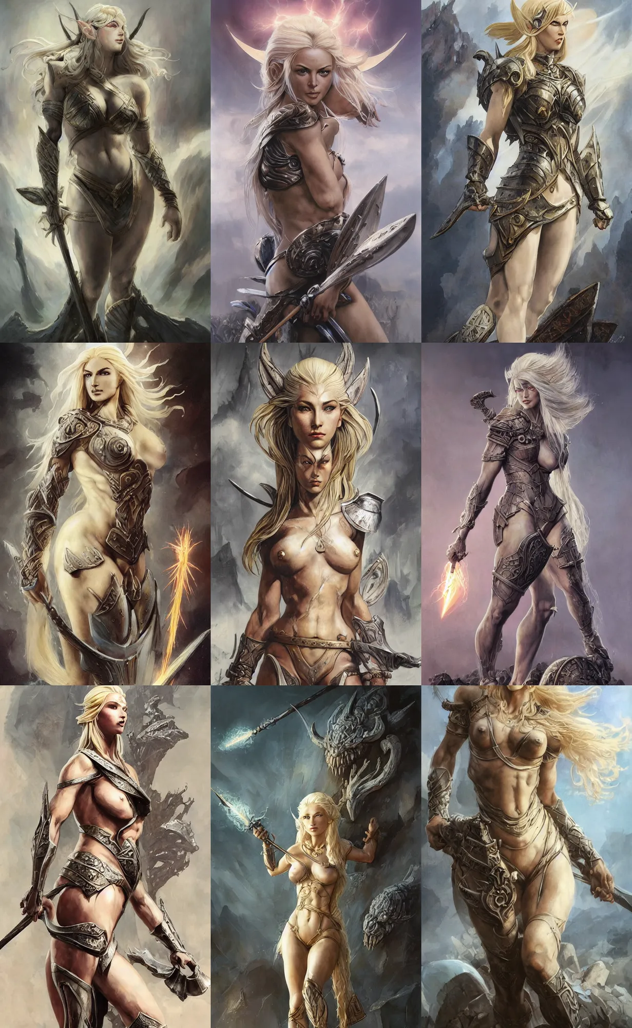 Prompt: A mixed media painting of the beautiful blonde goddess of war infused with lightning, very aesthetic, curves, detailed face, elven armor, by Frank Frazetta, Greg Rutkowski, Boris Vallejo, Beeple, Yoko Taro, Christian MacNevin, epic fantasy character art, goddess of anger, viking runes, high fantasy, CGsociety, full length, exquisite detail, post-processing, low angle, masterpiece, cinematic, odin's stone arena background