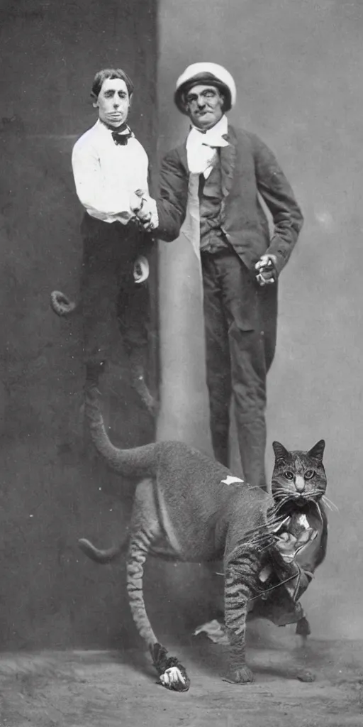 Prompt: tall t rex shaking hands with a cat, Business men. anamorphic, strange, photograph, 1860s