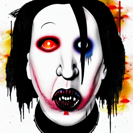 Prompt: graphic illustration, creative design, marilyn manson, biopunk, francis bacon, highly detailed, hunter s thompson, concept art, mixed media