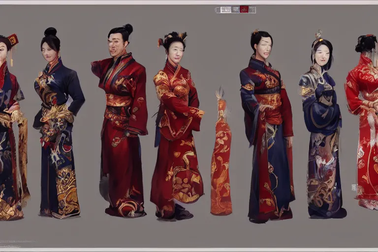 Prompt: Character design sheet of traditional chinese costumes, cinematic lighting, dramatic atmosphere, by Craig Mullins, 4k resolution, trending on artstation