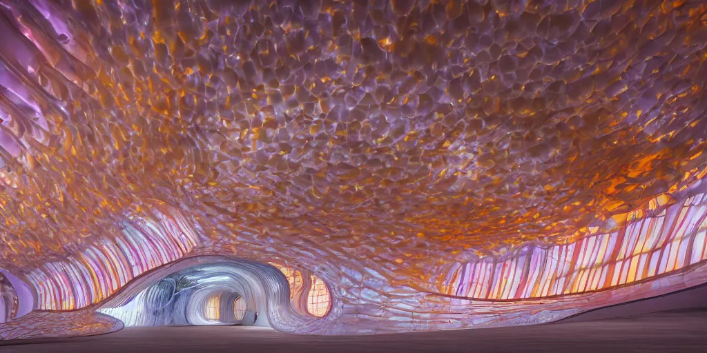 Image similar to extremely detailed awe stunning beautiful futuristic smooth curvilinear museum interior, translucent gills, hyper real, 8k, colorful, 3D cinematic volumetric light, atmospheric light