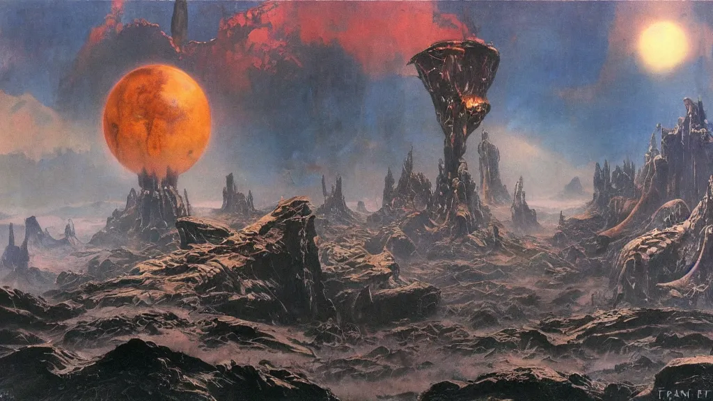 Image similar to surreal eerie alien planet empire by frank frazetta and bruce pennington, cinematic matte painting