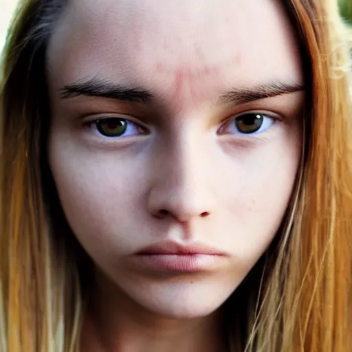 Prompt: brunette with long dyed blonde hair, small nose, smaller mouth, round shaped face, big forehead, lop eared, thin eyebrows, hazel eyes, darker skin, real life photograph