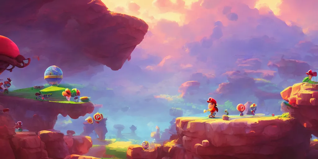 Image similar to dynamics matte painting acrylic blur oil marioworld wonderland yoshi kurbi dofus, behance hd by jesper ejsing, by rhads, makoto shinkai and lois van baarle, ilya kuvshinov, rossdraws global illumination