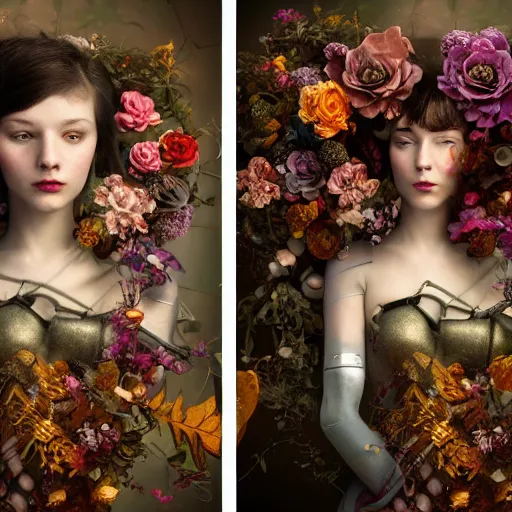 Image similar to a beautiful intricate fine art portrait photo of a farewell moment between lovers, a mechanical industrial steampunk cybernetic robot and a human overgrown with colorful flowers and leaves by tom bagshaw and zach sutton, golden ratio composition, studio lighting, 50mm lens, very detailed, bionic, cybernetic scifi, deep depth of field, artstation, 8K, highly coherent