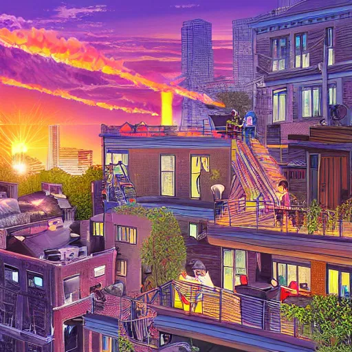 Image similar to the young travelers open the multiversal rift from their rooftop porch in montreal, sunrise, digital art, stunning detail