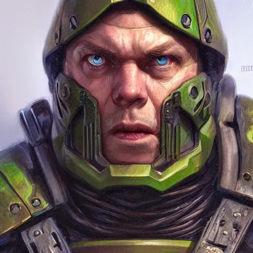 Image similar to the doomguy as a realistic d & d fantasy character, closeup portrait art by donato giancola and greg rutkowski, vintage retro, realistic face, digital art, trending on artstation, symmetry!!