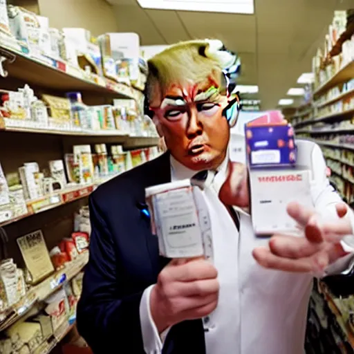 Image similar to photograph of donald trump at the pharmacy picking up adderall, photo by james cameron, amazing lighting