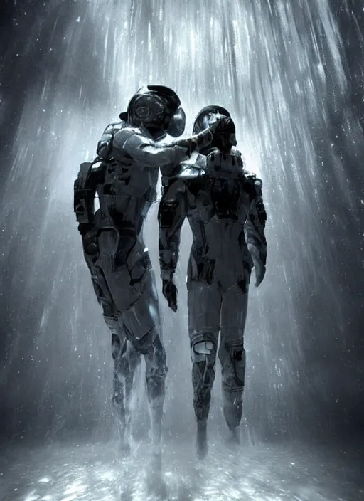 Prompt: concept art by craig mullins infrared complex and hyperdetailed technical astronauts hugging in futuristic dark and empty spaceship underwater. reflection and dispersion materials. rays and dispersion of light. volumetric light. 5 0 mm, f / 3 2. noise film photo. flash photography. unreal engine 4, octane render. interstellar movie art