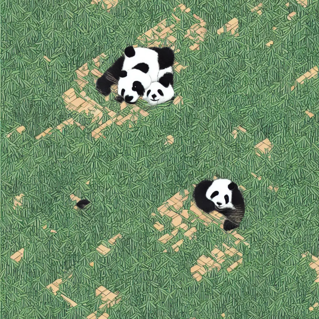 Image similar to isometric view illustration cute panda in bamboo forest, highly detailed mid day by victo ngai