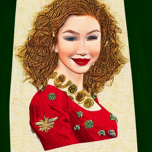 Image similar to Highly detailed embroidery design of a beautiful young woman with red hair, smiling by Disney, Thread material, Fabric material, gold details, Emerald insets, Golden thread, golden details, intricate details, intricate patterns 4k, 8k, HDR