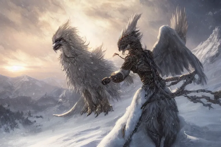 Prompt: Snow Griffin on a beautiful fantasy landscape, mountainside, winter, moonlit, HD, illustration, epic, D&D, fantasy, intricate, elegant, highly detailed, digital painting, artstation, concept art, smooth, sharp focus, illustration, wallpaper, art by artgerm and greg rutkowski and alphonse mucha and jin xiaodi