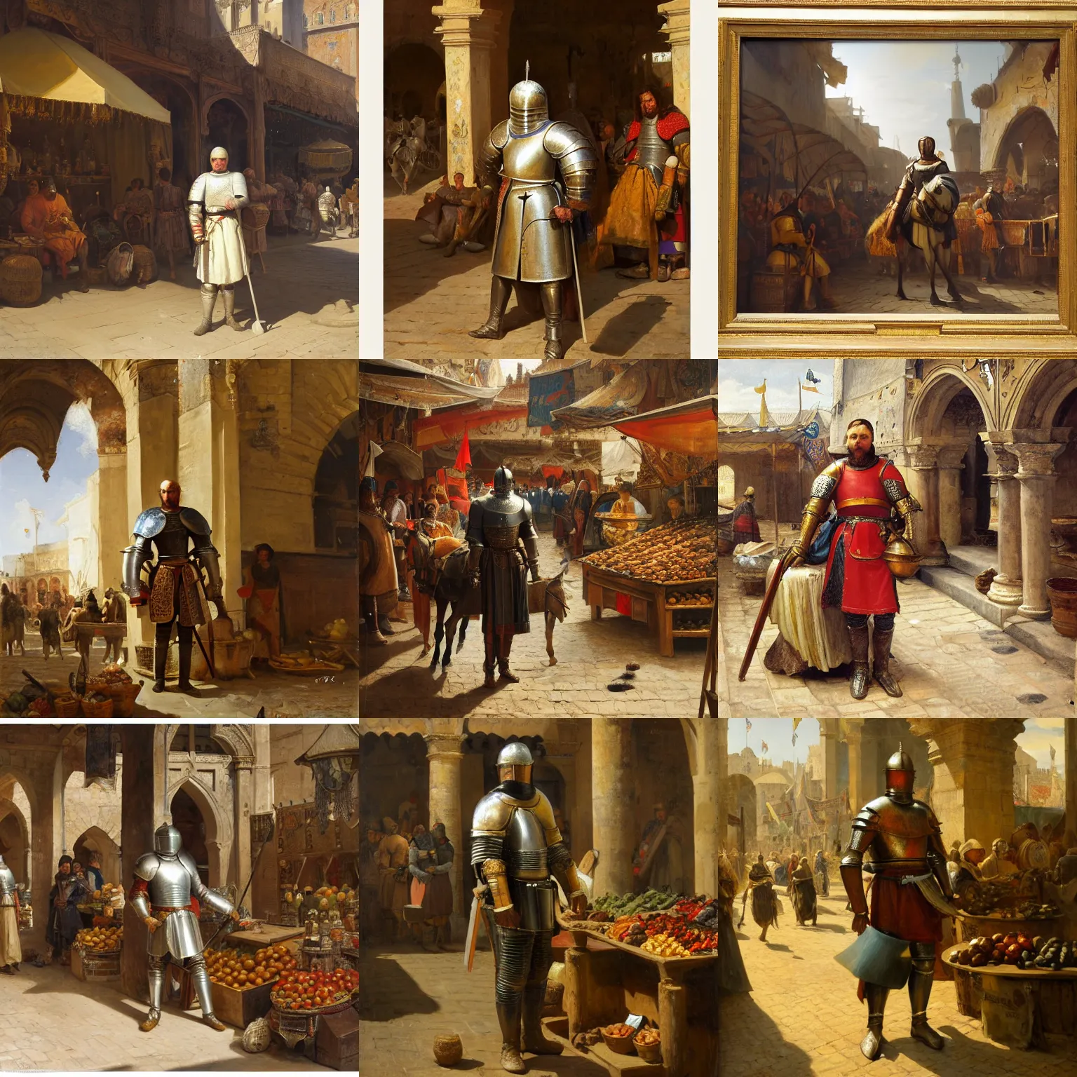 Prompt: painting of a knight standing in a marketplace by Nasreddine Dinet and Theodore Ralli and Jean Discart and Anders Zorn, masterful intricate artwork. Oil on canvas, excellent lighting, high detail 8k