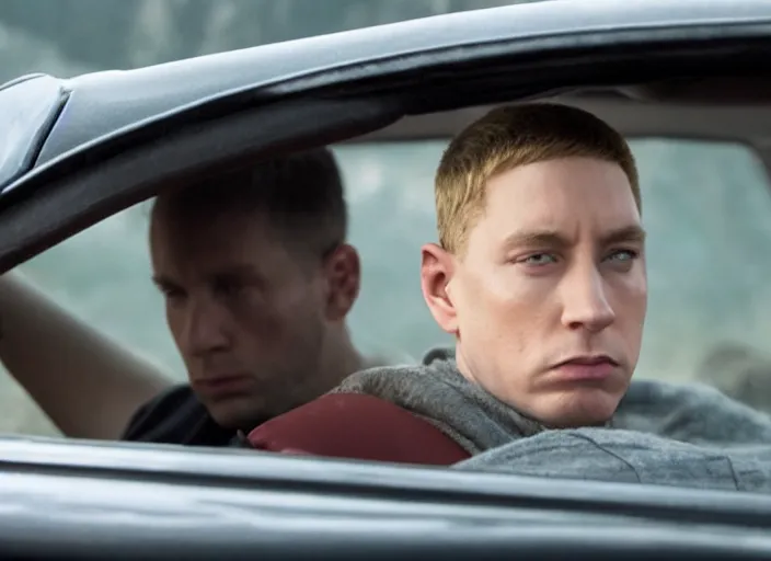 Image similar to a very high resolution image from a new movie, eminem driving a car. inside of a car. alone. mountains, directed by wes anderson