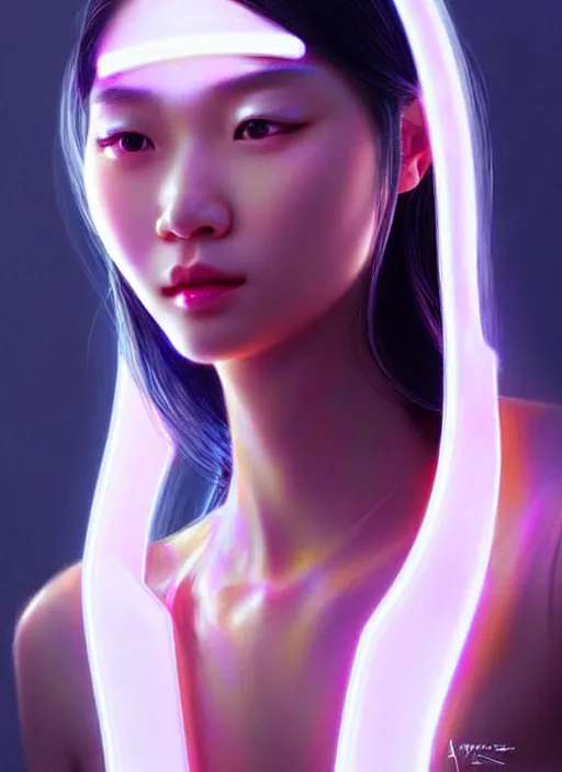 Image similar to portrait of asian female humanoid, transparent jewelry accessories, very details, elegant, cyber neon lights, highly detailed, digital illustration, trending in artstation, trending in pinterest, glamor pose, concept art, smooth, sharp focus, art by artgerm and greg rutkowski
