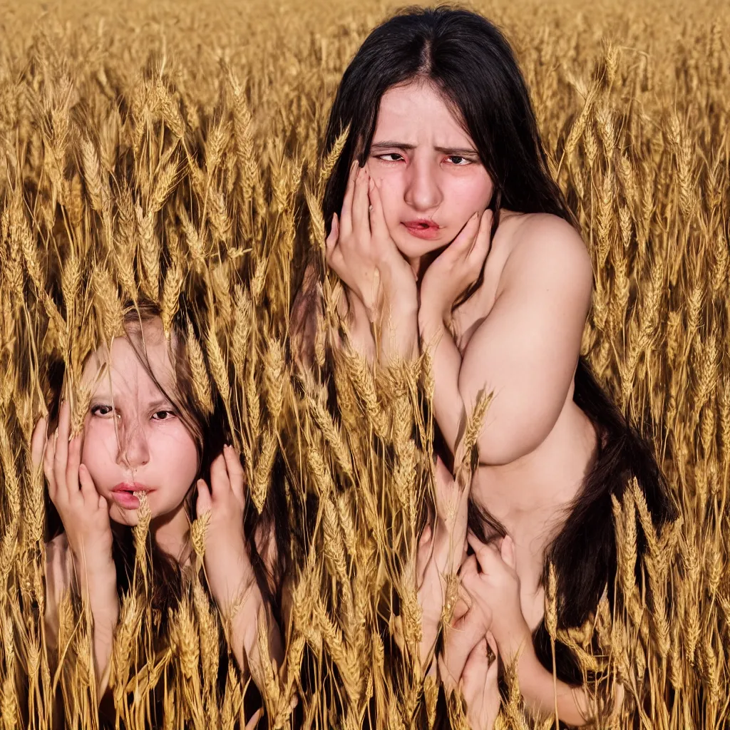 Image similar to A 25 years old Paludnitsa crying in a wheat field. Long black hair, perfect face, beautiful eyes, smooth, sharp focus, vivid colors, highly detailed, digital art, 4k, medium shot.