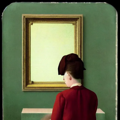 Image similar to a girl reading, old vintage colored photo by magritte, by ingres, strong lights, flat colors, pastel colors, eerie, nostalgic