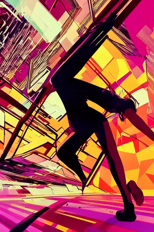 Prompt: wideangle action, girl falling through the flow zone, decoherence, synthwave, glitch!!, fracture, vortex, realistic, hyperdetailed, concept art, golden hour, art by syd mead, cubism