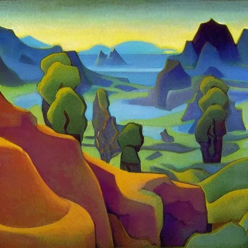 Prompt: painting of a lush natural scene on an alien planet by nicholas roerich. beautiful landscape. weird vegetation. cliffs and water.