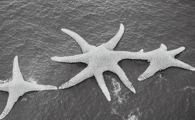 Prompt: found drone footage of a giant Kaiju monster with starfish-like arms, trampling over Pyongyang, long cast shadows, rimlight, film grain, monochrome